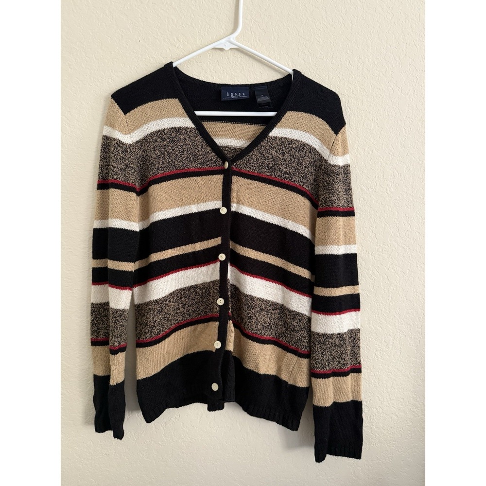 Crazy Horse Liz Claiborne Striped V-Neck Cardiganโ Sweater Tan Black Red Medium
